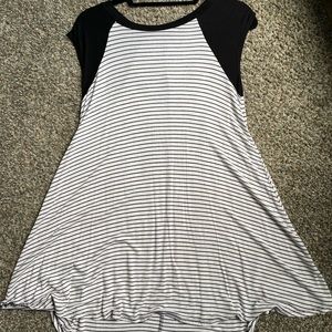 Black and white striped mini dress.